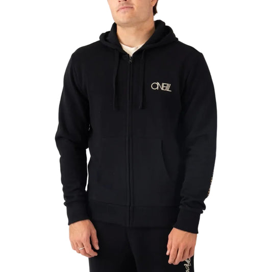 Person wearing a black hoodie with a brand logo on a white background