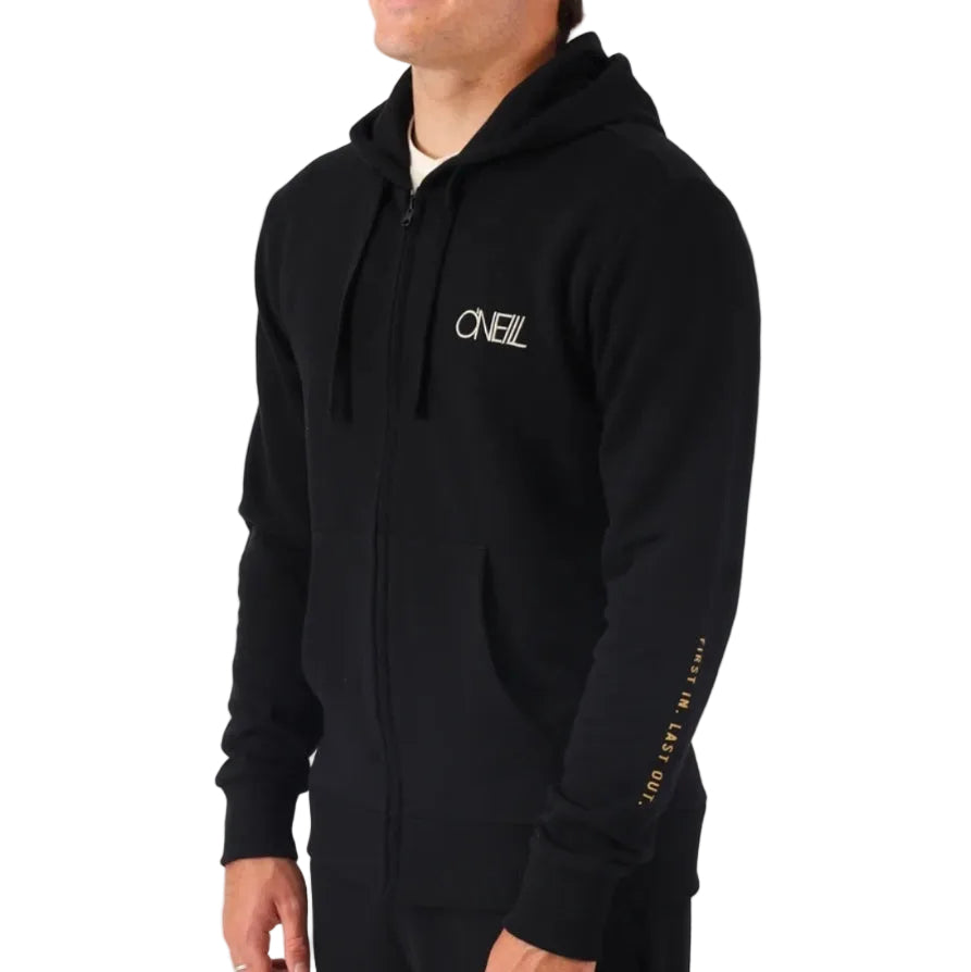 Black hoodie with a brand logo on a white background