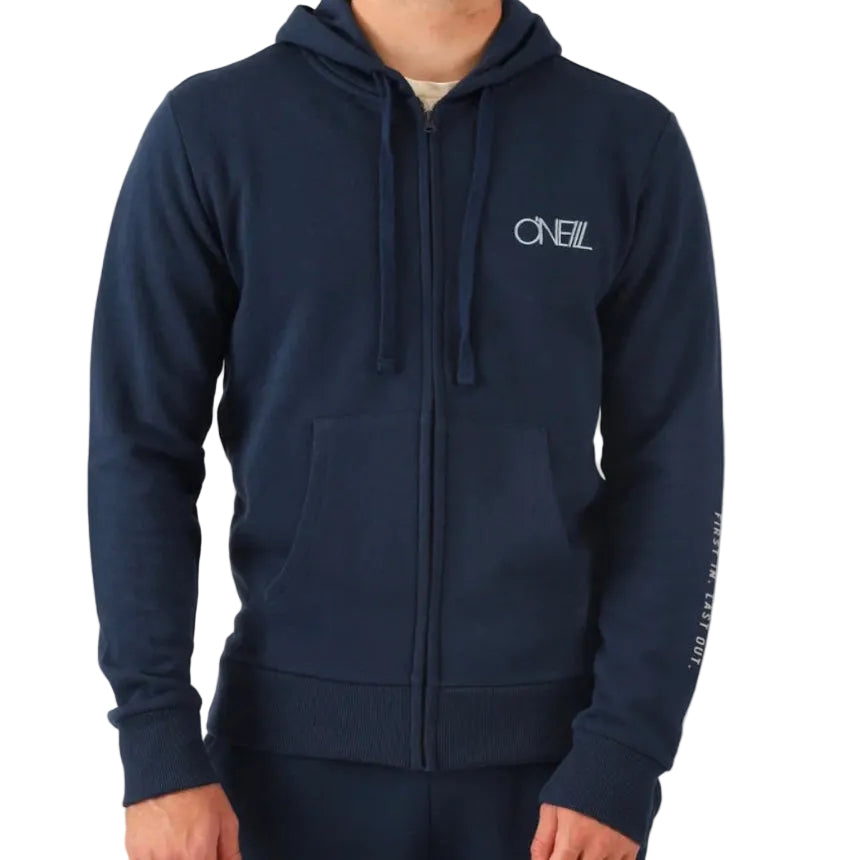 Navy blue hoodie with a brand logo on a white background
