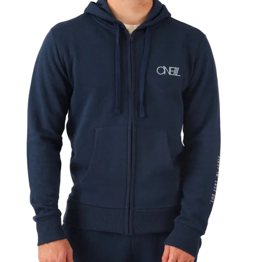 Navy blue hoodie with a brand logo on a white background