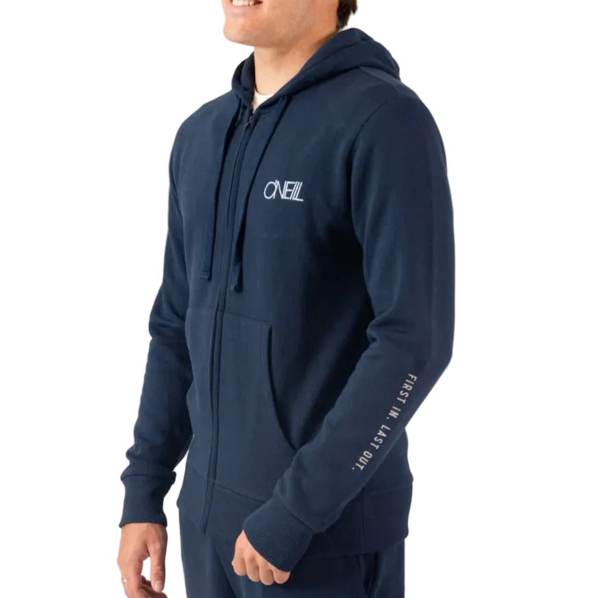 Navy hoodie with brand logo on a white background