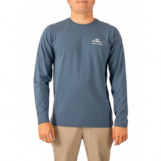 Man wearing a blue long-sleeve shirt with a logo on a white background