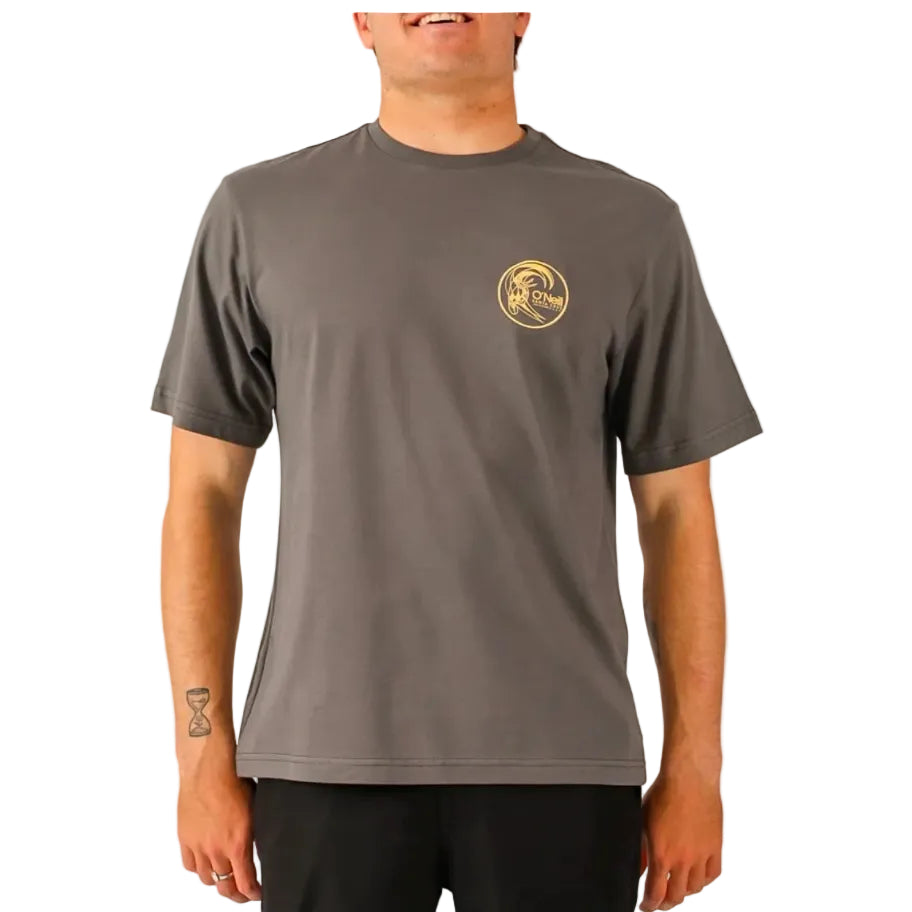 Man wearing a gray t-shirt with a logo on a white background