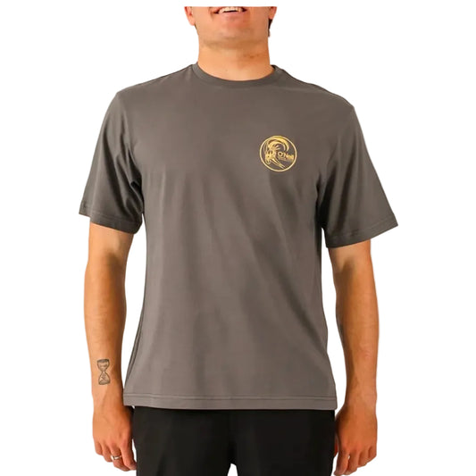 Man wearing a gray t-shirt with a logo on a white background