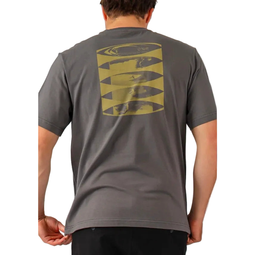 Person wearing a gray t-shirt with a yellow graphic on the back against a plain background