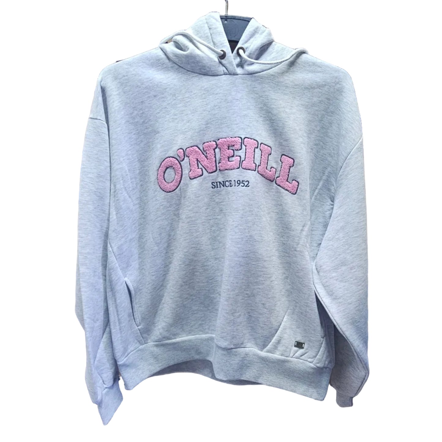 Gray hoodie with pink 'O'Neill' logo on a textured wall background