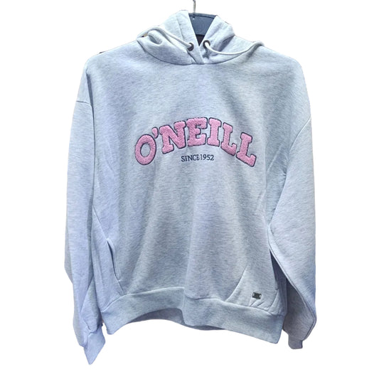 Gray hoodie with pink 'O'Neill' logo on a textured wall background