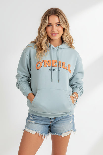 Gray hoodie with orange 'O'Neill' logo on a hanger against a decorative wall.