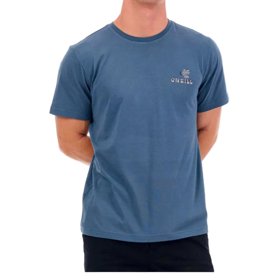 Blue t-shirt with a brand logo worn by a person on a white background