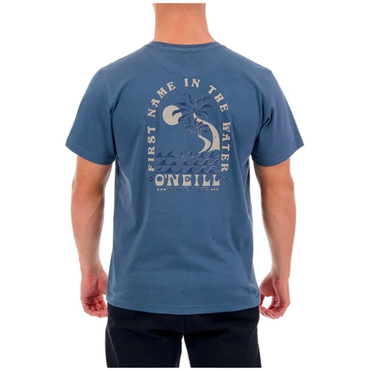 Blue t-shirt with 'First Name in the Water' design and O'Neill logo on a white background