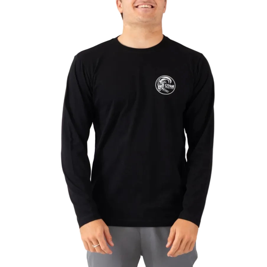 Person wearing a black long-sleeve shirt with a logo on a white background