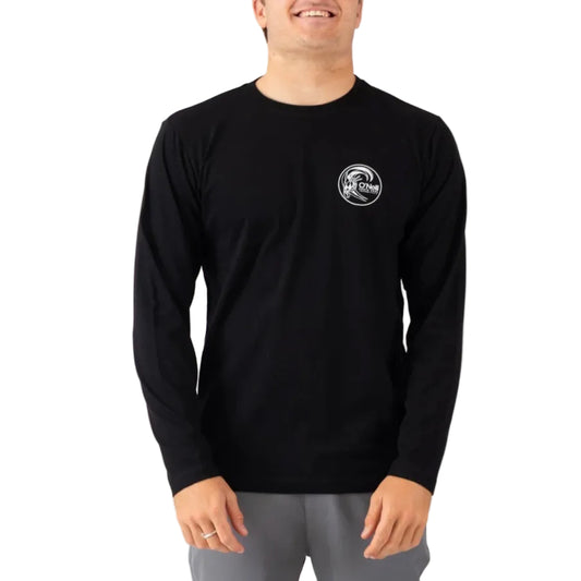 Person wearing a black long-sleeve shirt with a logo on a white background