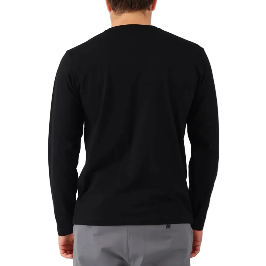 Person wearing a black long-sleeve shirt on a white background