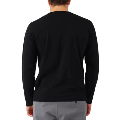 Person wearing a black long-sleeve shirt on a white background