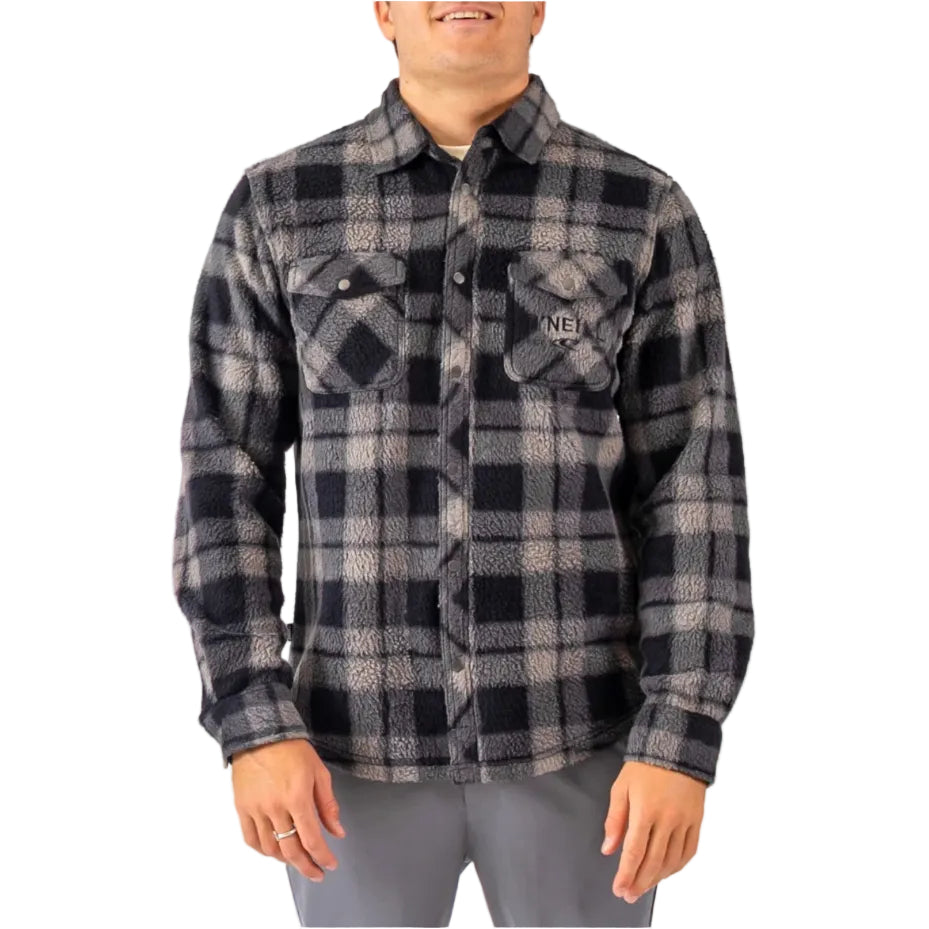Person wearing a fleece  with a brand logo on a white background