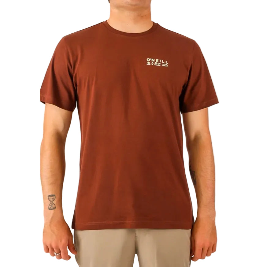 Person wearing a brown t-shirt with a logo on a white background
