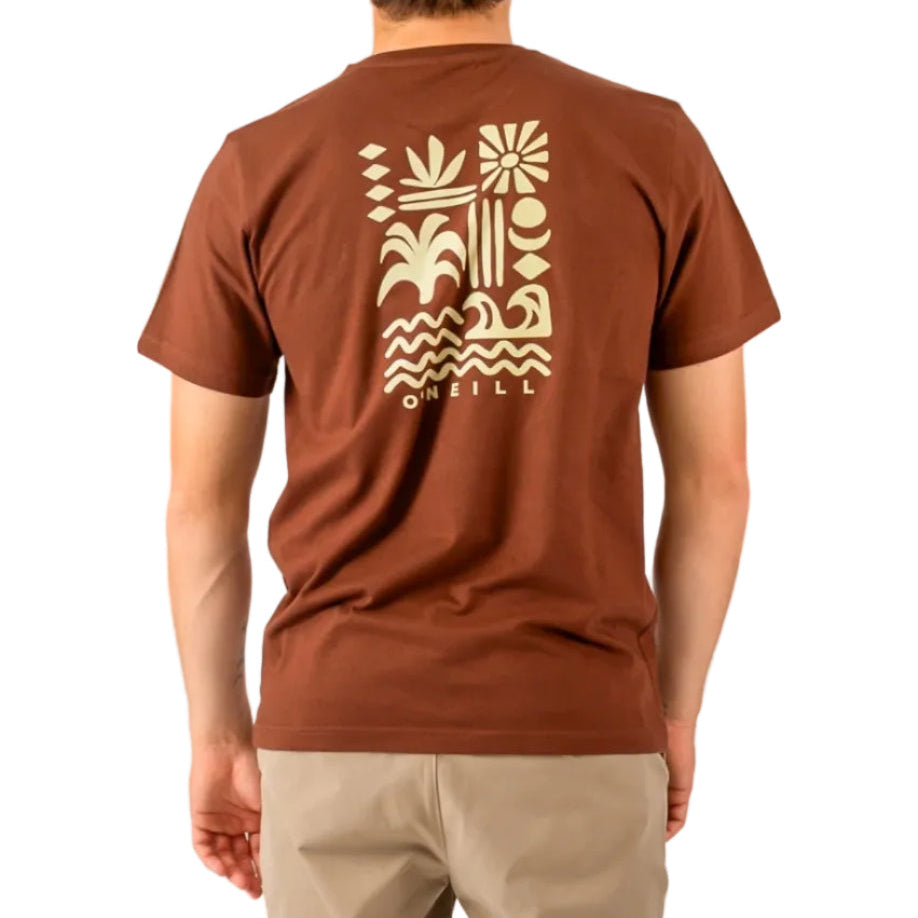 Brown t-shirt with a decorative back design and 'O'Neill' logo, worn by a person.