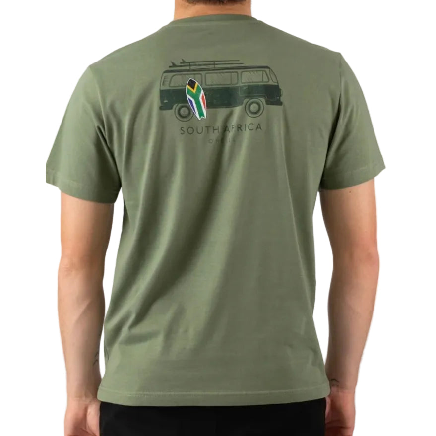 Person wearing a green t-shirt with a graphic design on the back, featuring text and a vehicle.