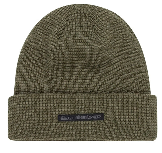 Green beanie with Quiksilver logo on a white background