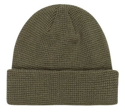 Green knit beanie on a white background
