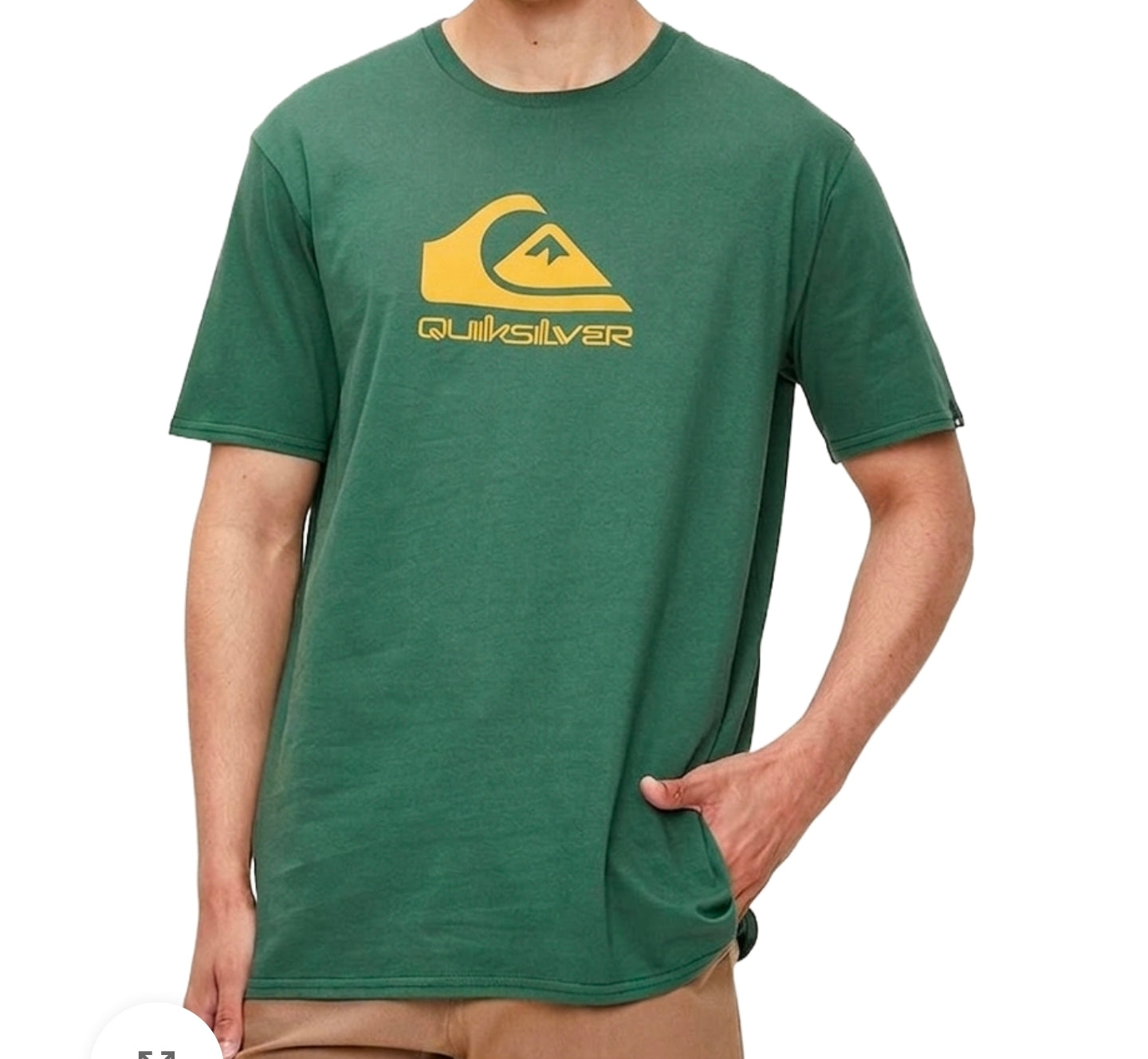 Person wearing a green Quiksilver t-shirt on a white background