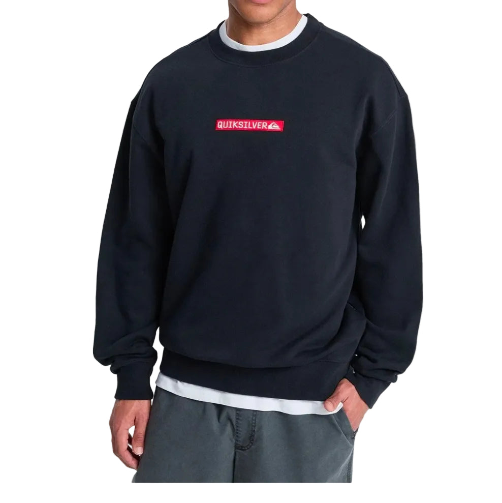Person wearing a black sweatshirt with a red and white logo on a white background