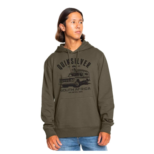 Person wearing a green Quiksilver hoodie with a graphic design on a white background
