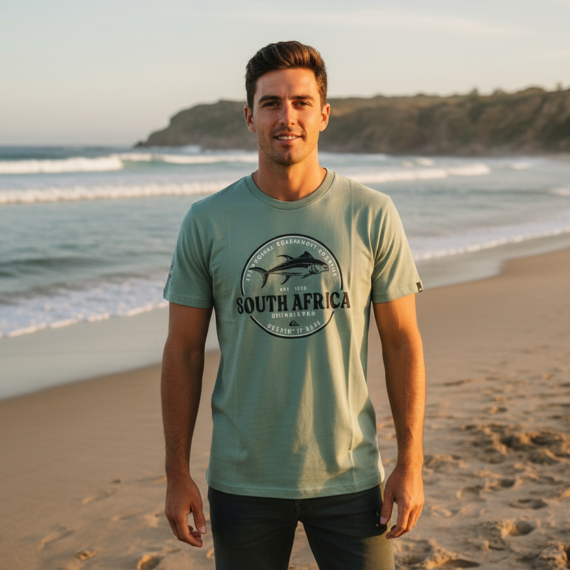 Man wearing a 'South Africa' t-shirt on a beach with ocean and cliffs in the background