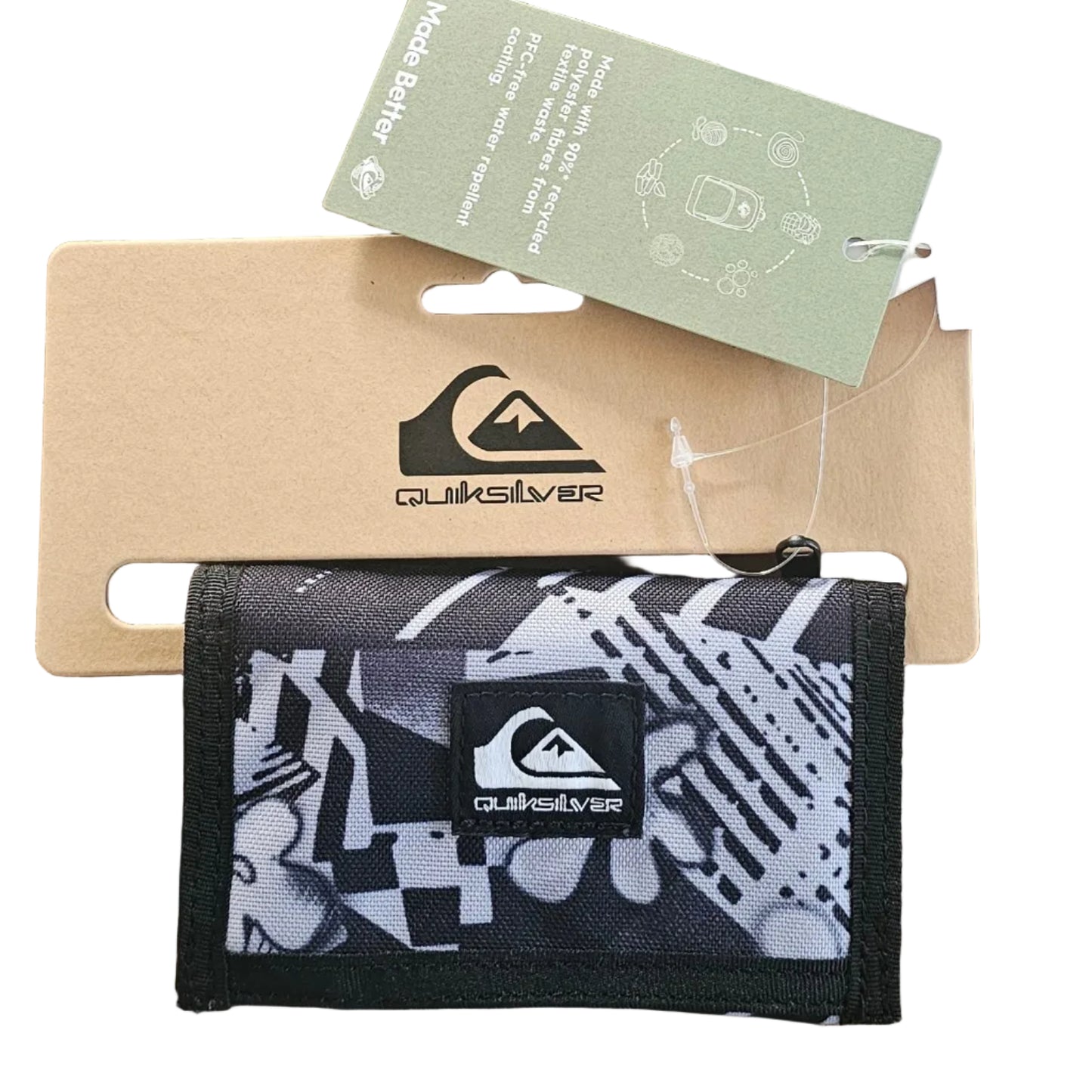Quiksilver wallet with brand tag on a wooden surface