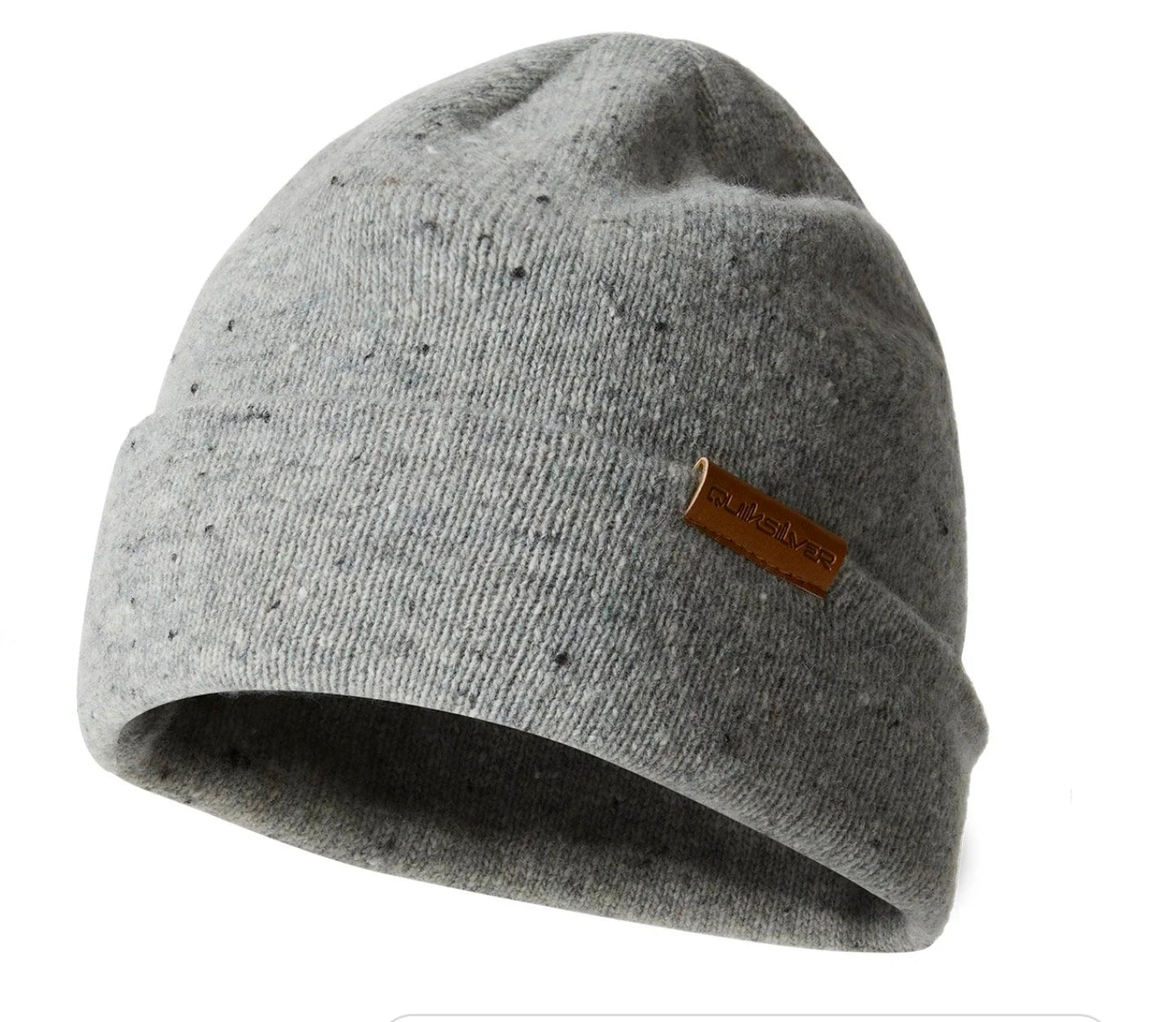 Gray beanie with a brown label on a white background