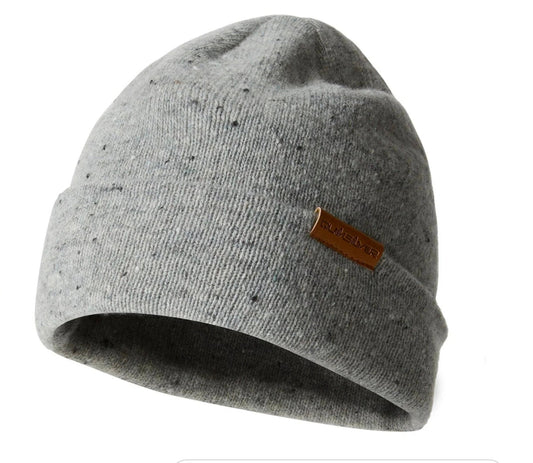 Gray beanie with a brown label on a white background