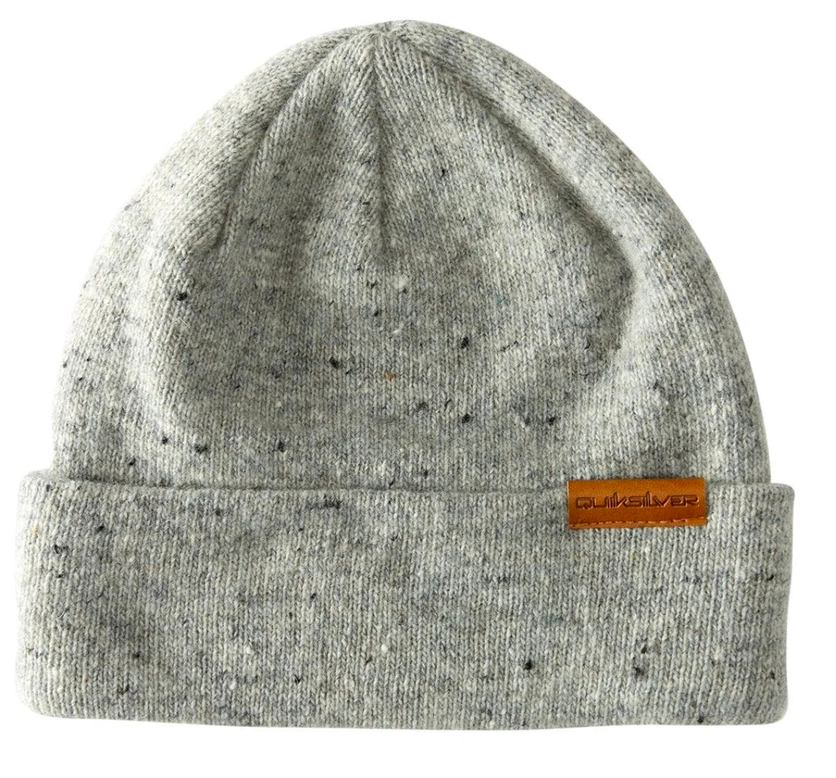 Gray beanie with a brown brand label on a white background