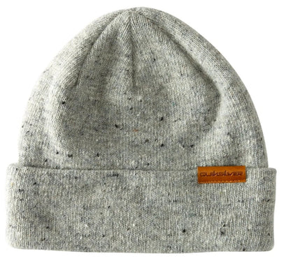 Gray beanie with a brown brand label on a white background