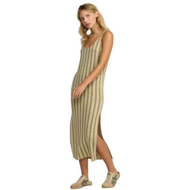 Woman wearing a striped dress on a white background