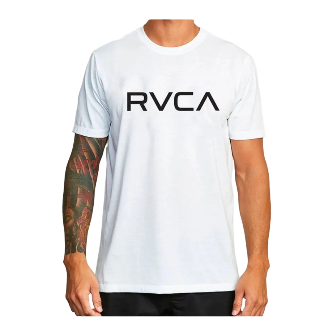 Person wearing a white t-shirt with 'RVCA' logo