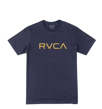 Navy blue t-shirt with gold RVCA logo on a white background