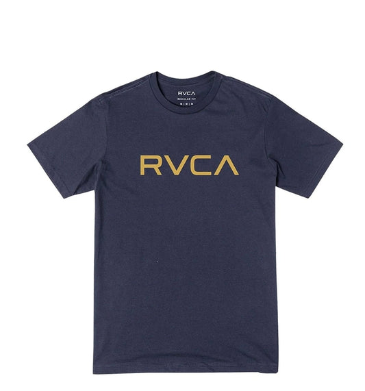 Navy blue t-shirt with gold RVCA logo on a white background