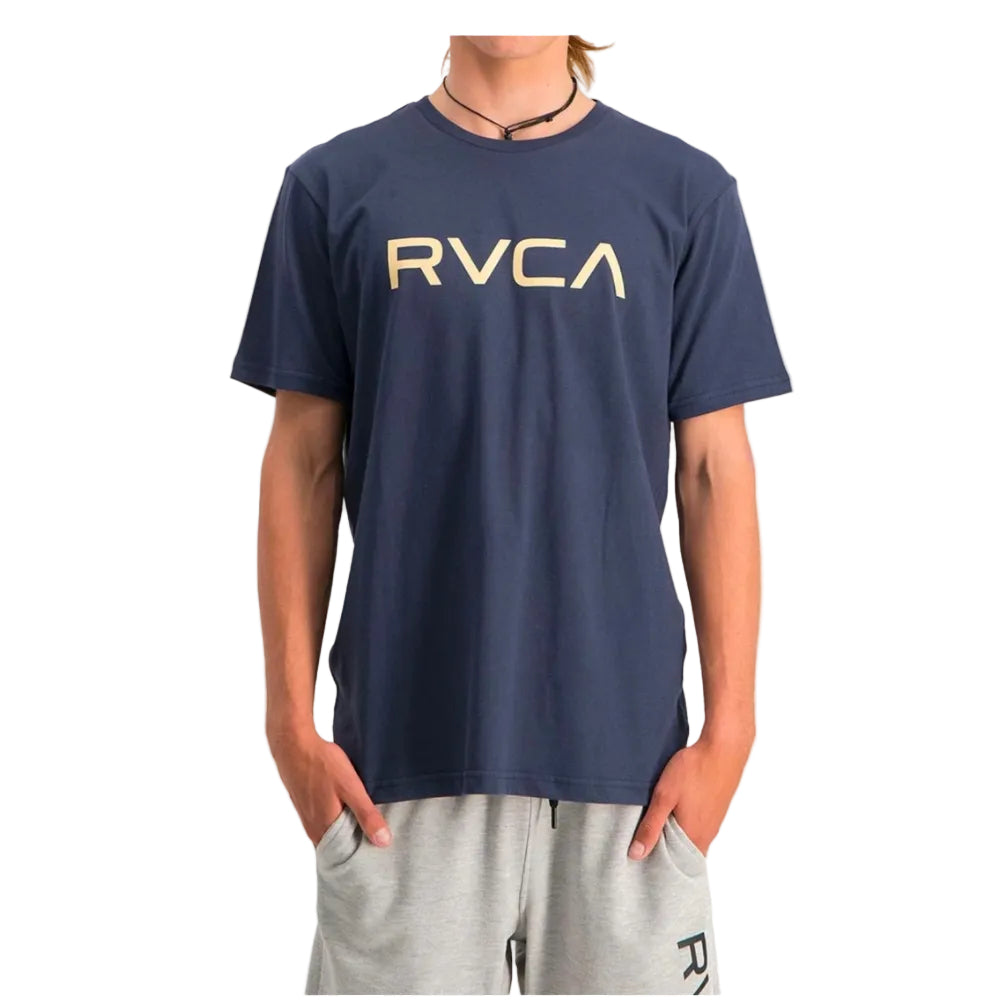 Person wearing a navy blue t-shirt with 'RVCA' logo on a white background