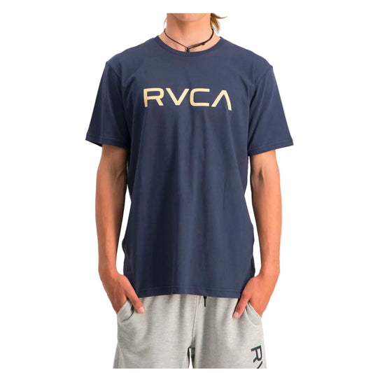 Person wearing a navy blue t-shirt with 'RVCA' logo on a white background