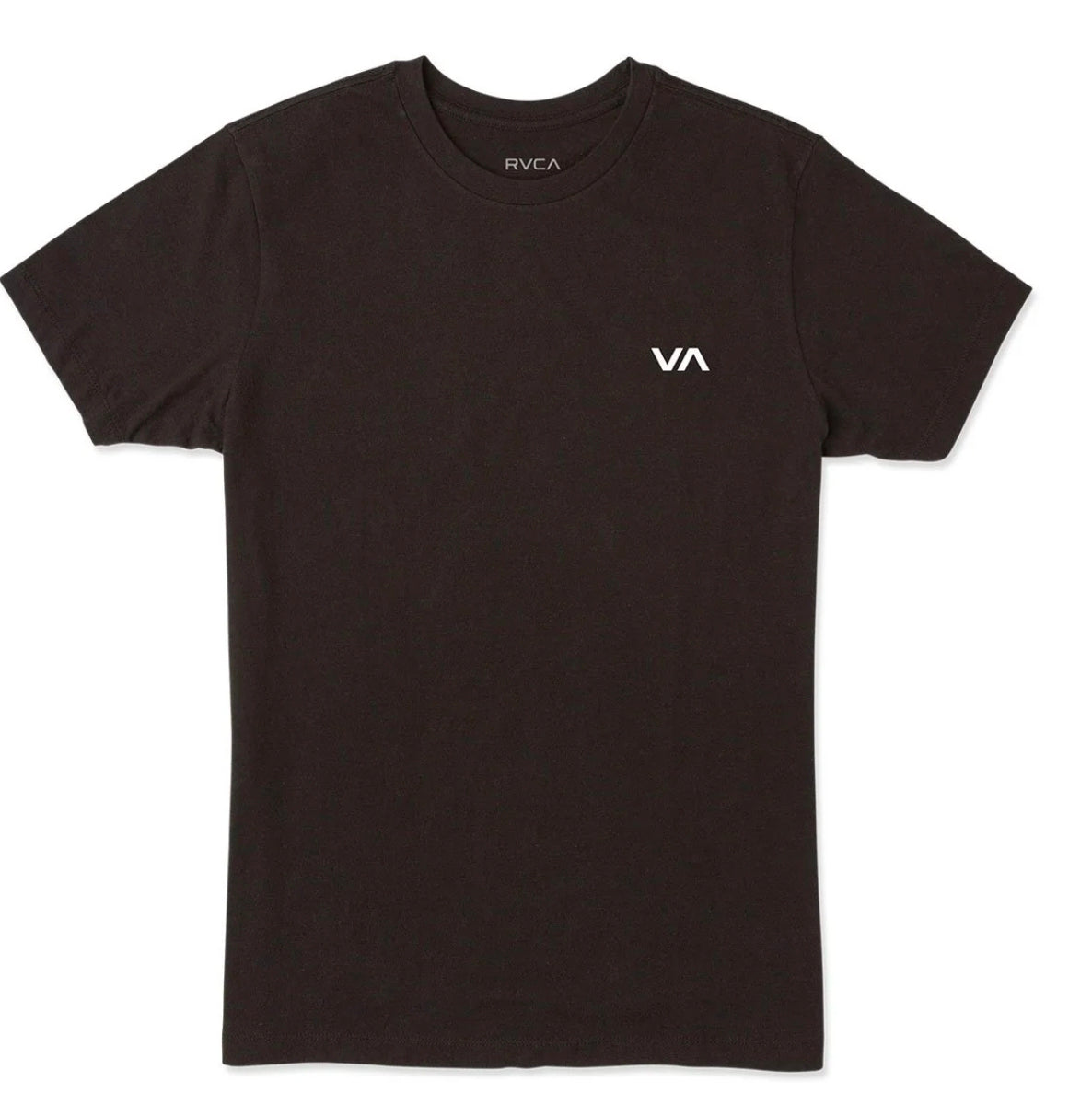 Black t-shirt with RVCA logo on a white background