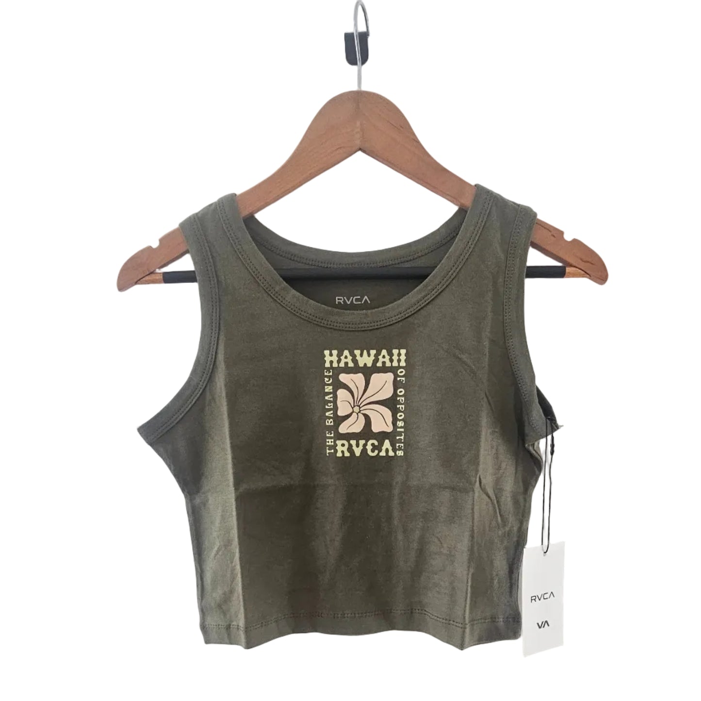 Green tank top with a brand logo on a hanger against a white background