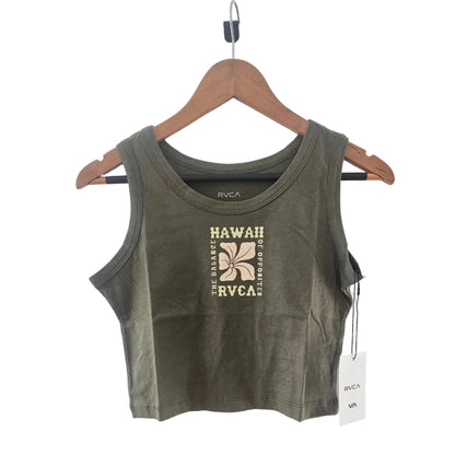 Green tank top with a brand logo on a hanger against a white background