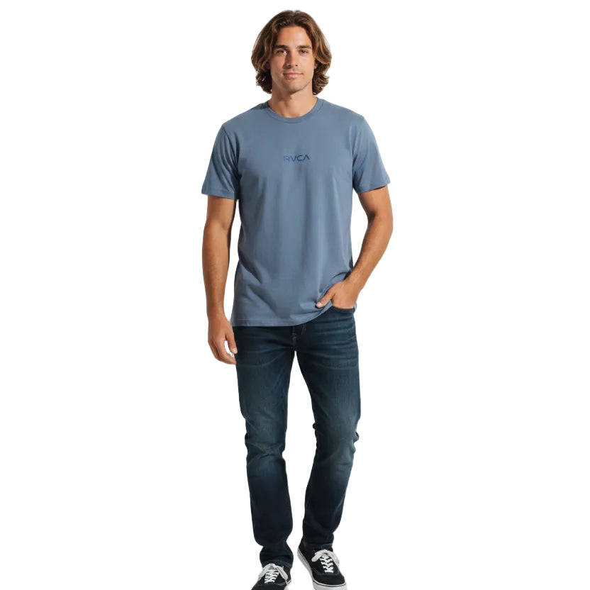 Blue t-shirt with RVCA logo on a white background