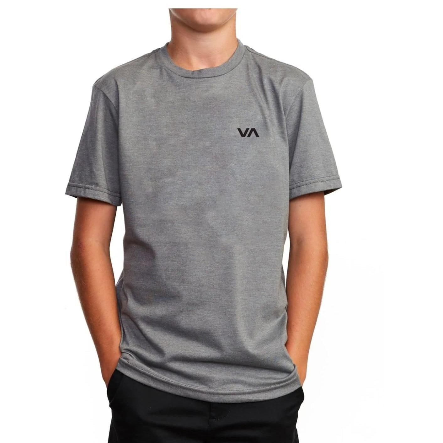 Person wearing a gray t-shirt with a logo on a white background