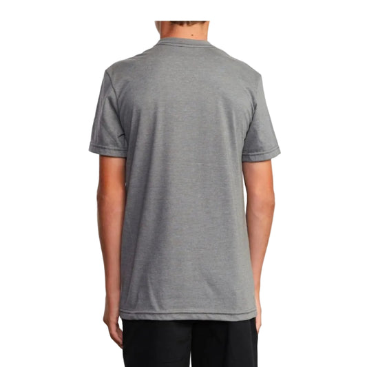 Person wearing a gray t-shirt on a white background