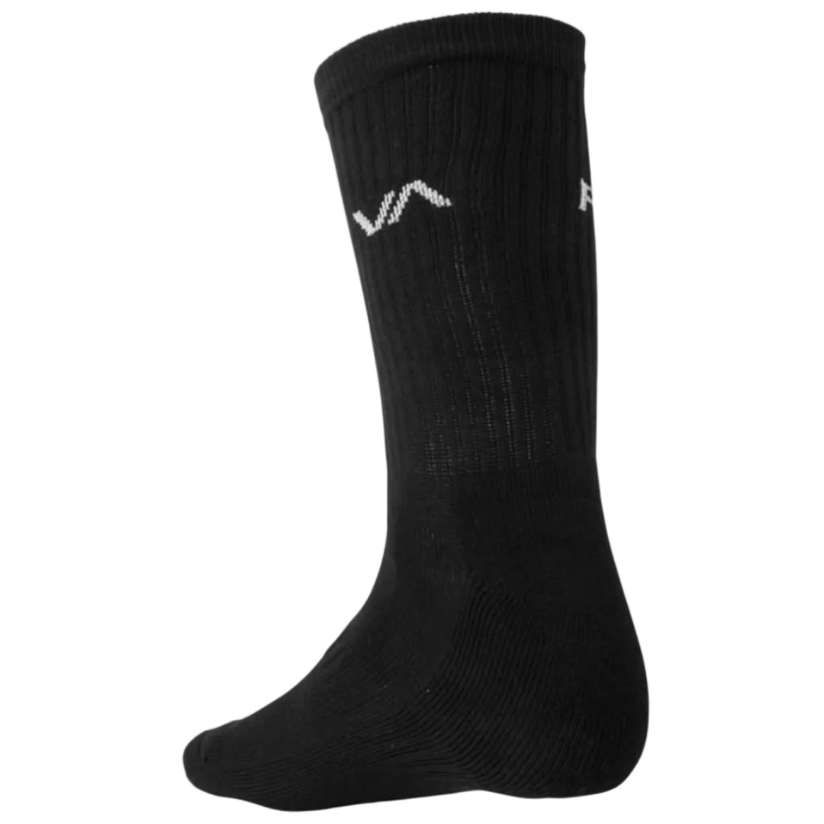 Black sock with a white logo on a white background