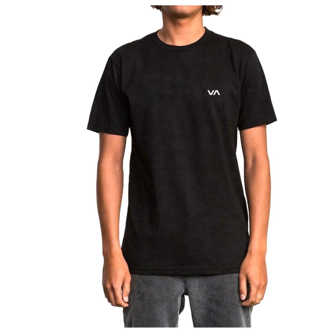 Person wearing a black t-shirt with a logo on a white background