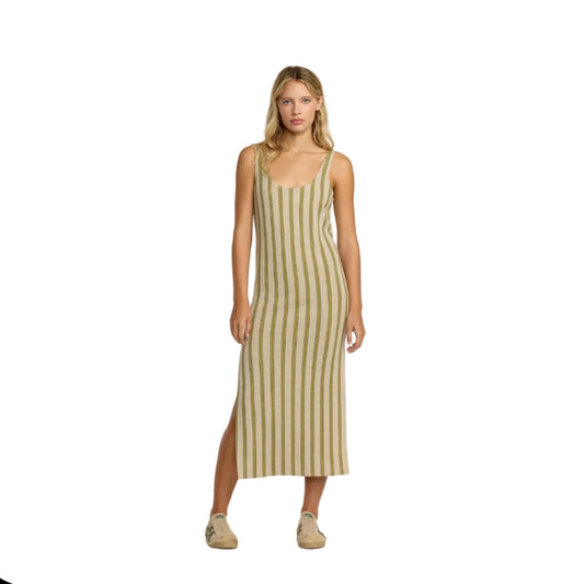 Woman wearing a striped dress on a white background