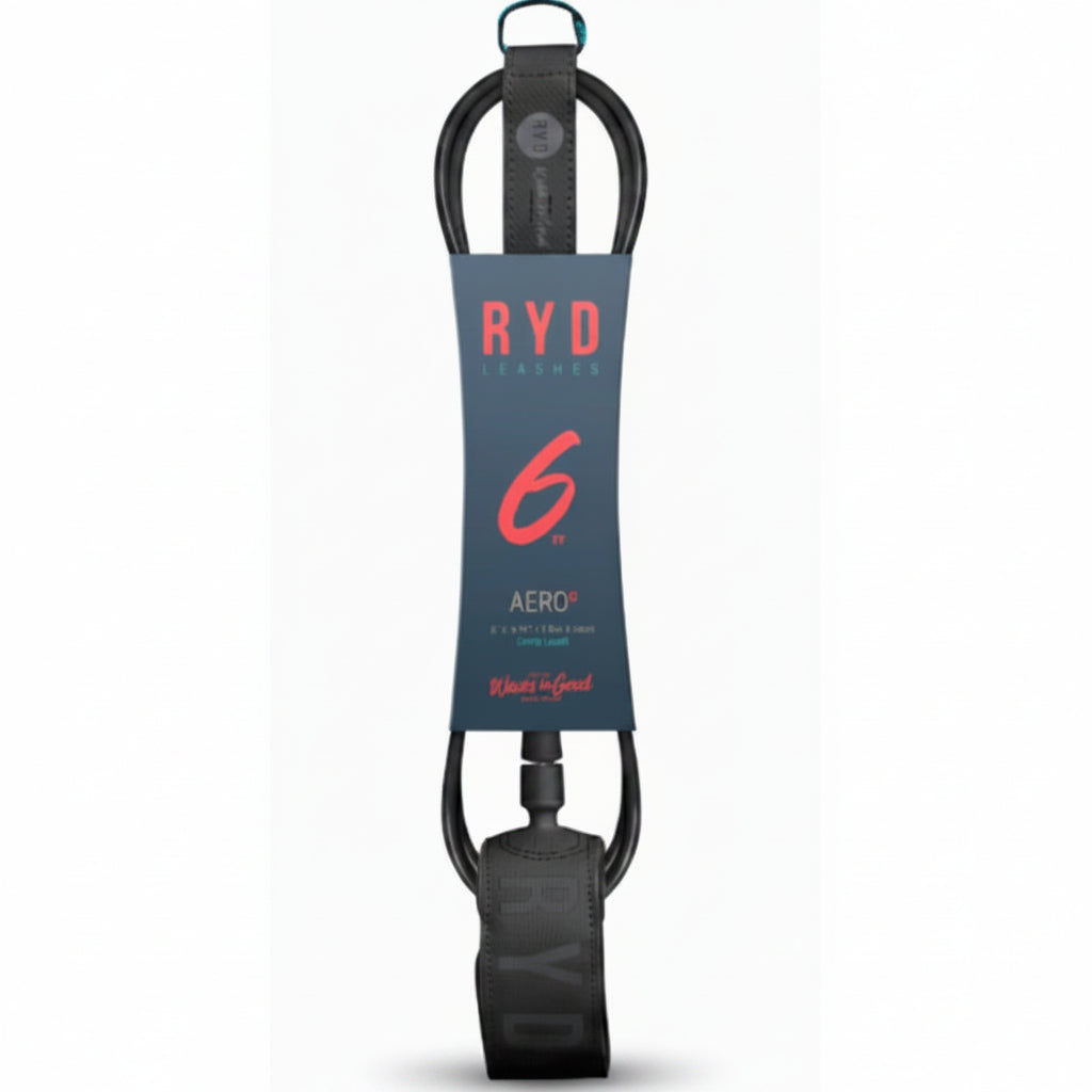 Black surfboard leash with 'RYD' branding on a white background