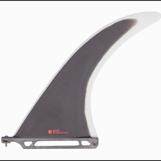 Surfboard fin with 'RYD' branding on a white background